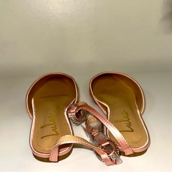 NIB Lulu’s Valetta Champagne Pink Satin Rhinestone Ankle Strap Flats 7 - Picture 9 of 12